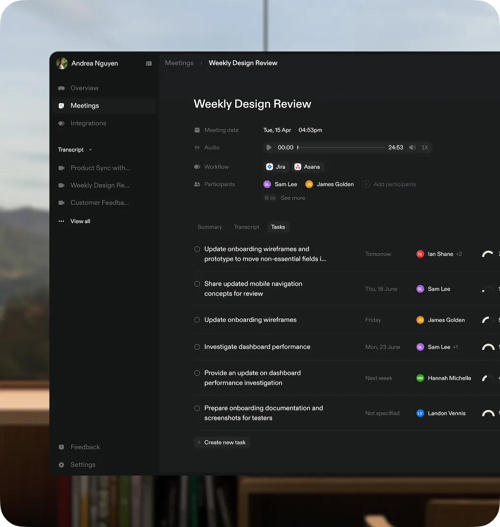 Verbels meeting details page showing extracted tasks